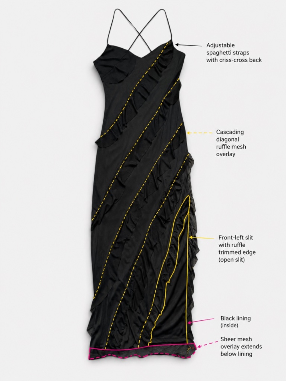 NWOT - Asymmetrical - Mesh Ruffle - Maxi Dress - Black- Size S - Picture 8 of 9